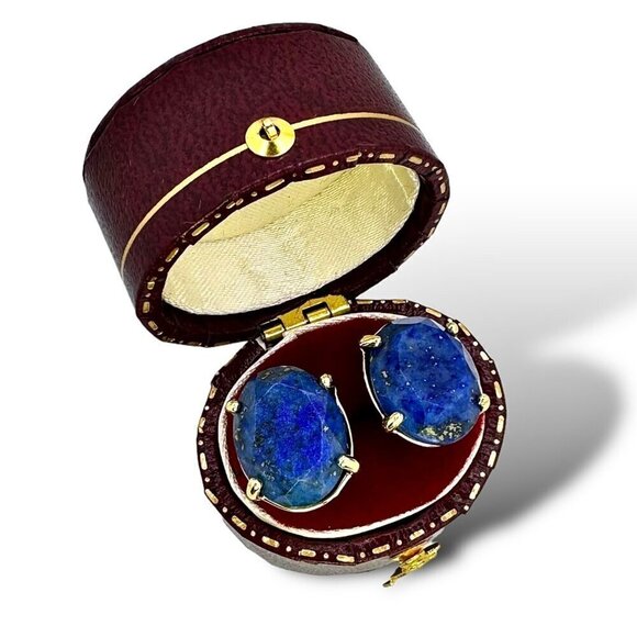 NWT Oval Stud Earrings Natural Lapis Lazuli 18K Gold Plated Setting - Picture 9 of 12